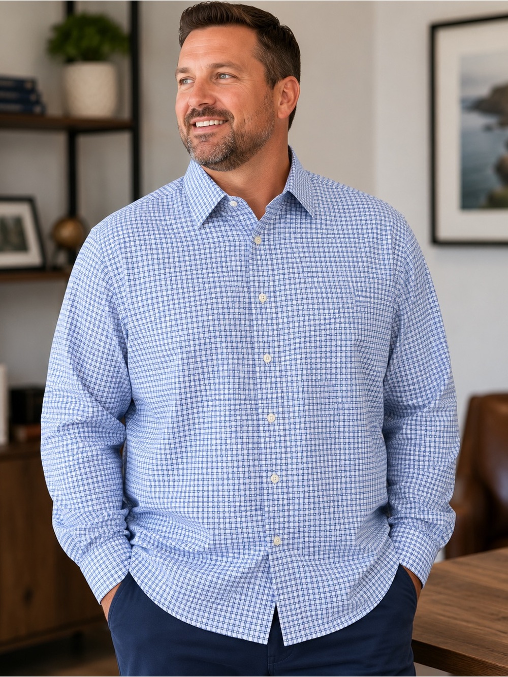 Rochester Men's Blue Micro-Check Long-Sleeve Dress Shirt